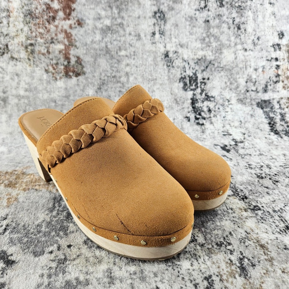 J.Crew Wood Heel Clogs Womens 9.5 Tan Suede Style BJ249 Braided‎ Strap